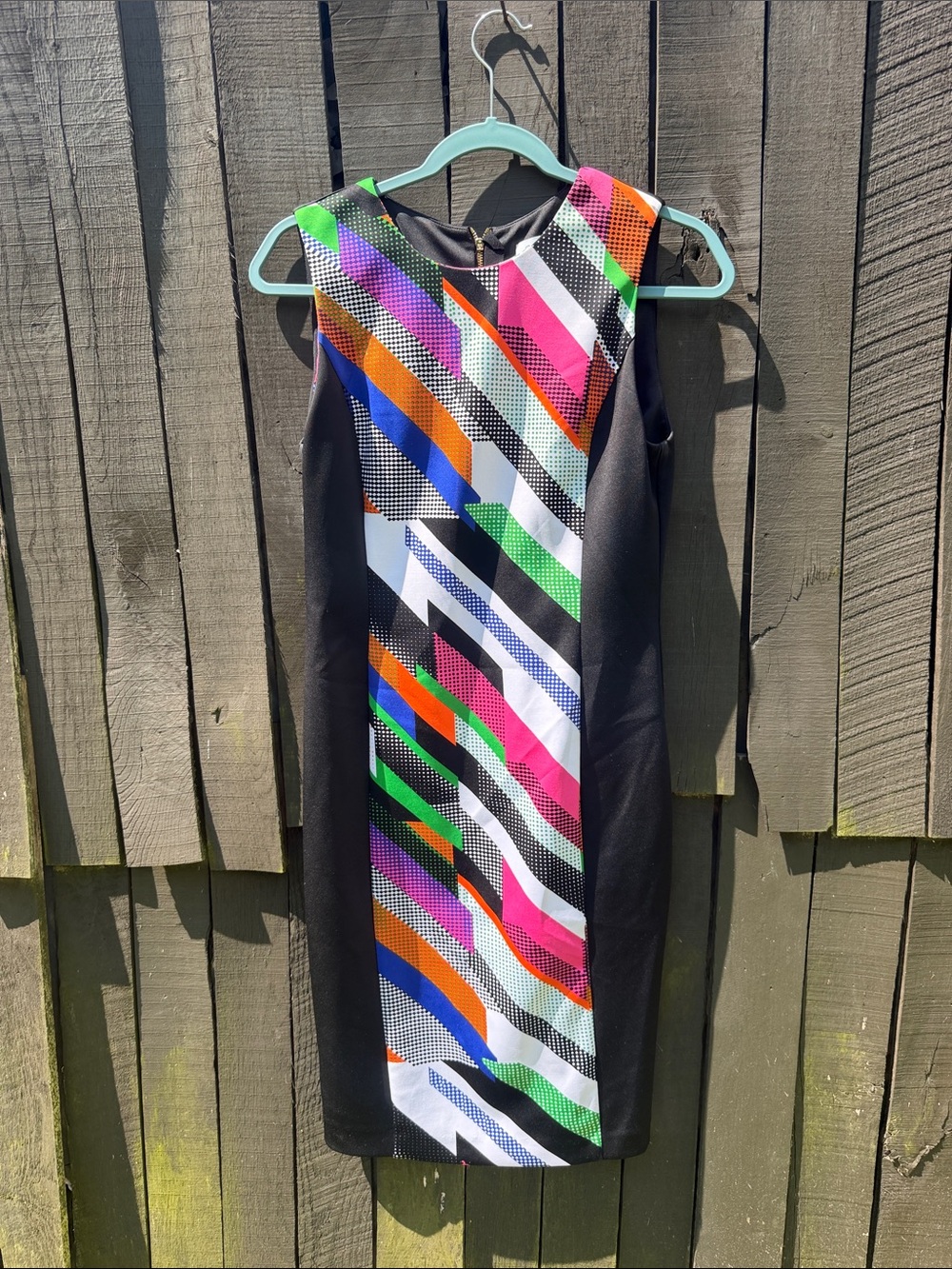 Calvin Klein Black Midi Dress with Multicolor Diagonal Stripe Panel